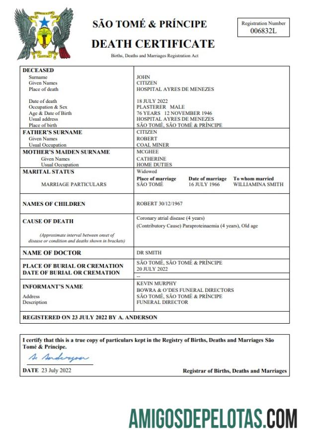 Realista modelo Word e PDF de certidão de óbito de registro vital de São Tomé e Príncipe